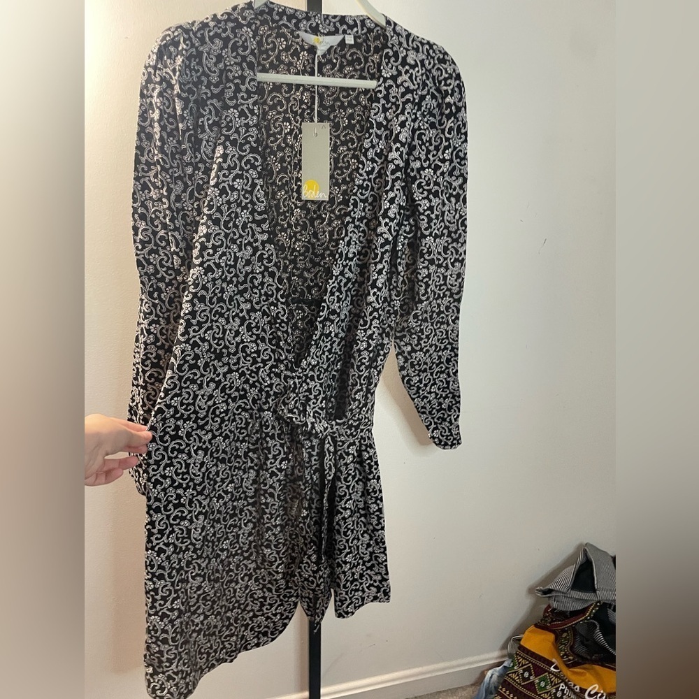 NWT BODEN|| Swirl Sprig Ruched Sleeve Mini Wrap Dress Black White Anthropologie - Picture 4 of 11